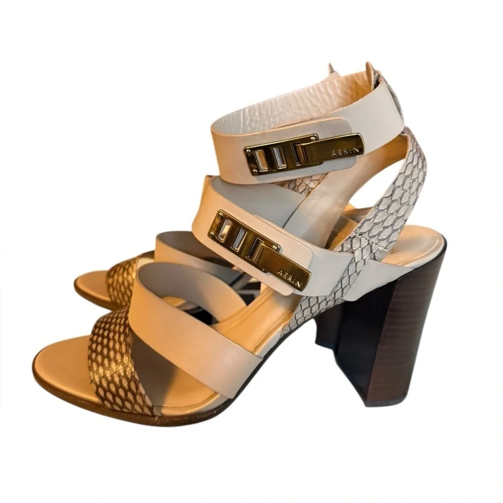 Aerin Metal Clasp Leather Strappy Heels